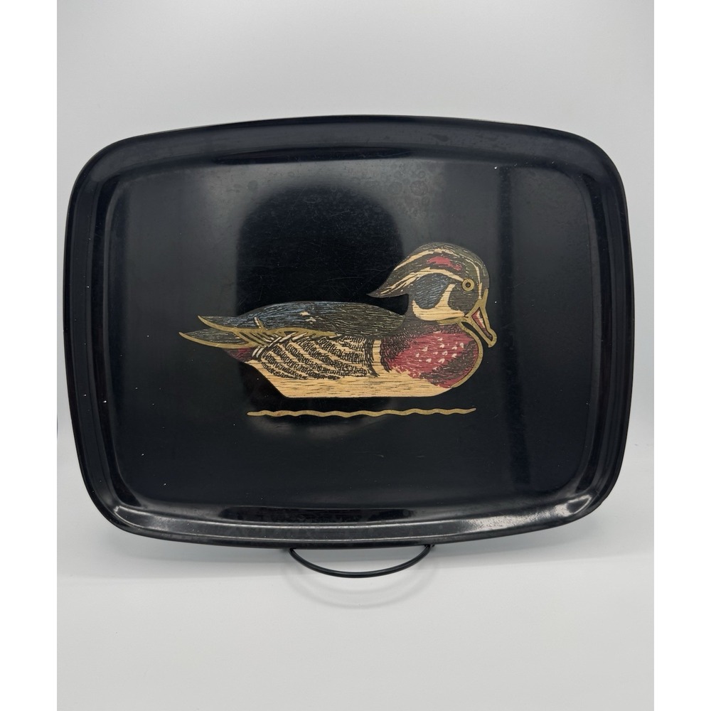 Couroc Wood Duck Large Decorative Tray 12.5" Mid Century Inlaid Brass Resin VTG